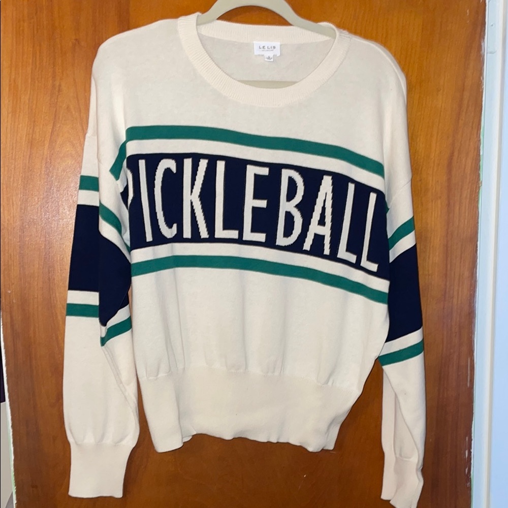 Cream Pickleball Sweater with Green and Navy Stripes